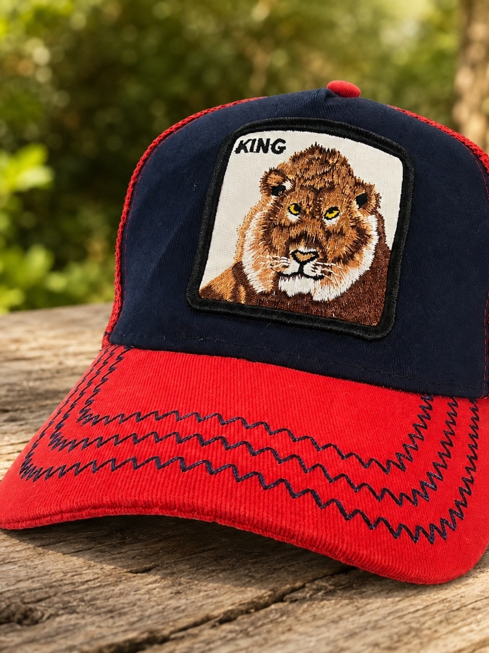 King Lion Patch Red Navy Trucker Hat Snapback Mesh Cap